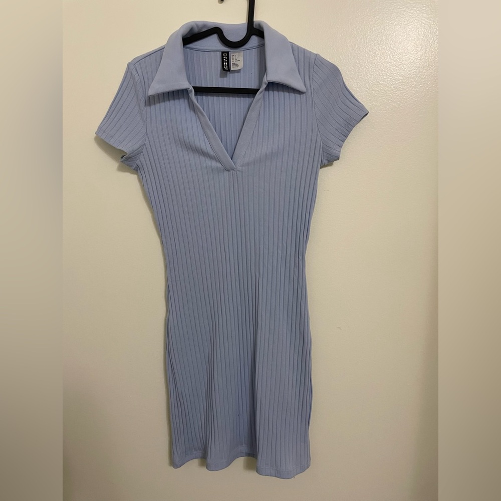 H&M Blue Buttoned Mini Dress Notched Collar Casual